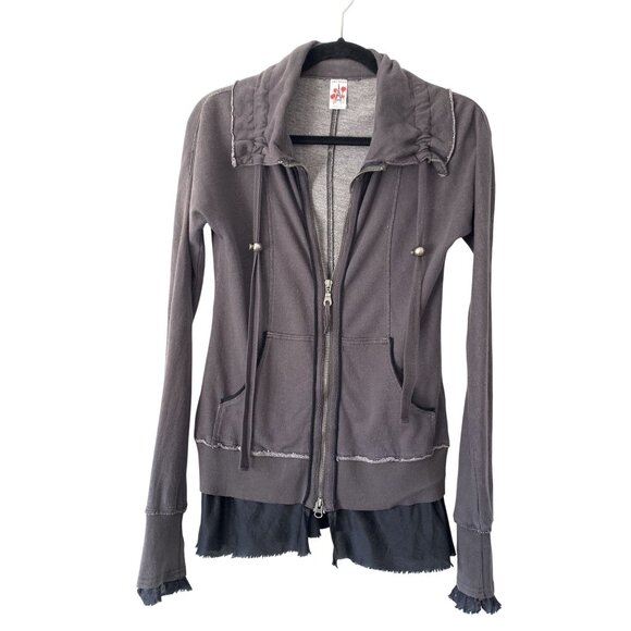 Free People S Vintage Y2K Gray Zip-Up Jacket Silk Cuffs and Hem Shawl Collar - Picture 1 of 8